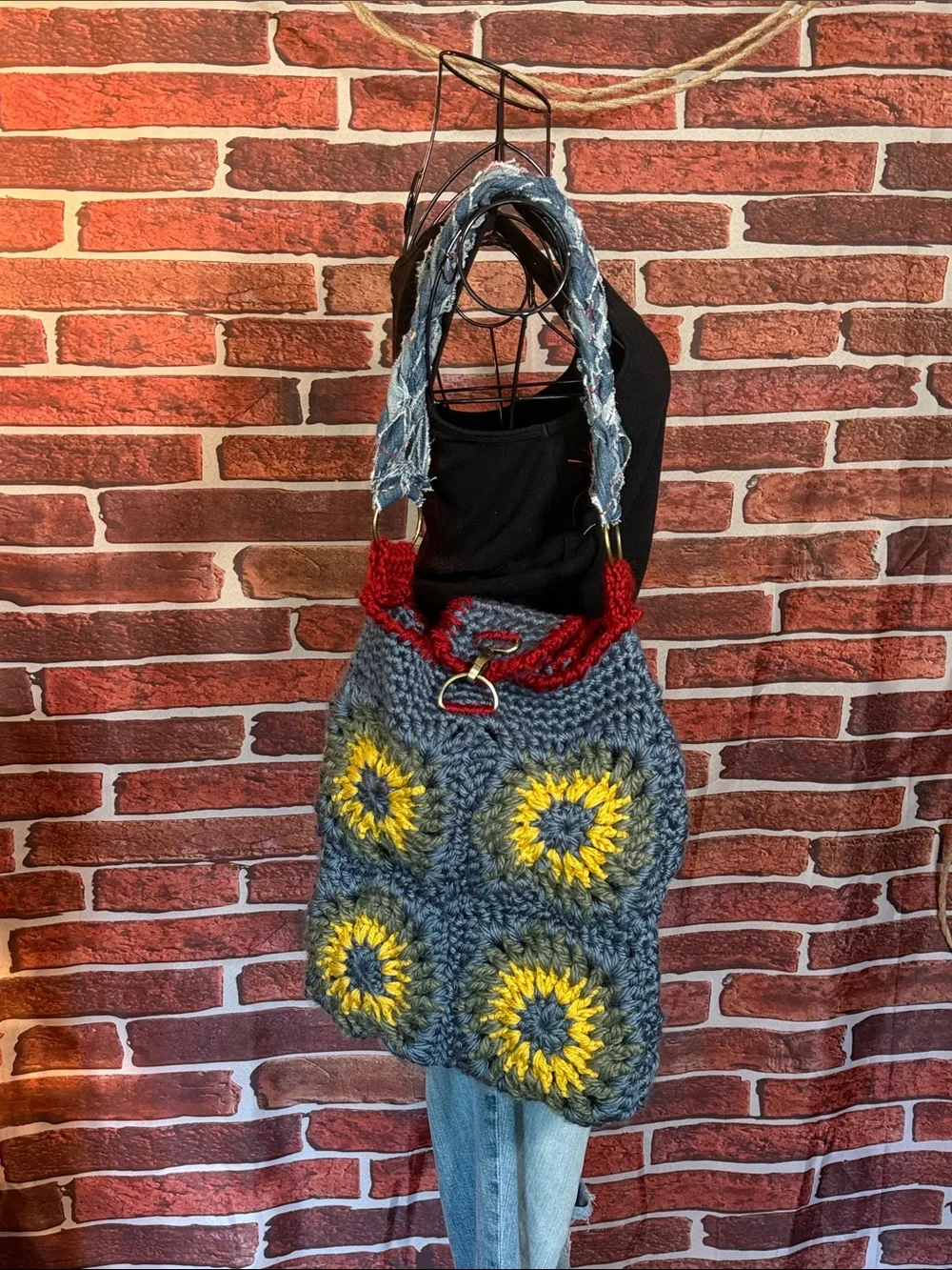 👜 Left Hook Artisan Handmade Crochet Tote Bag — Slate/Red — OS